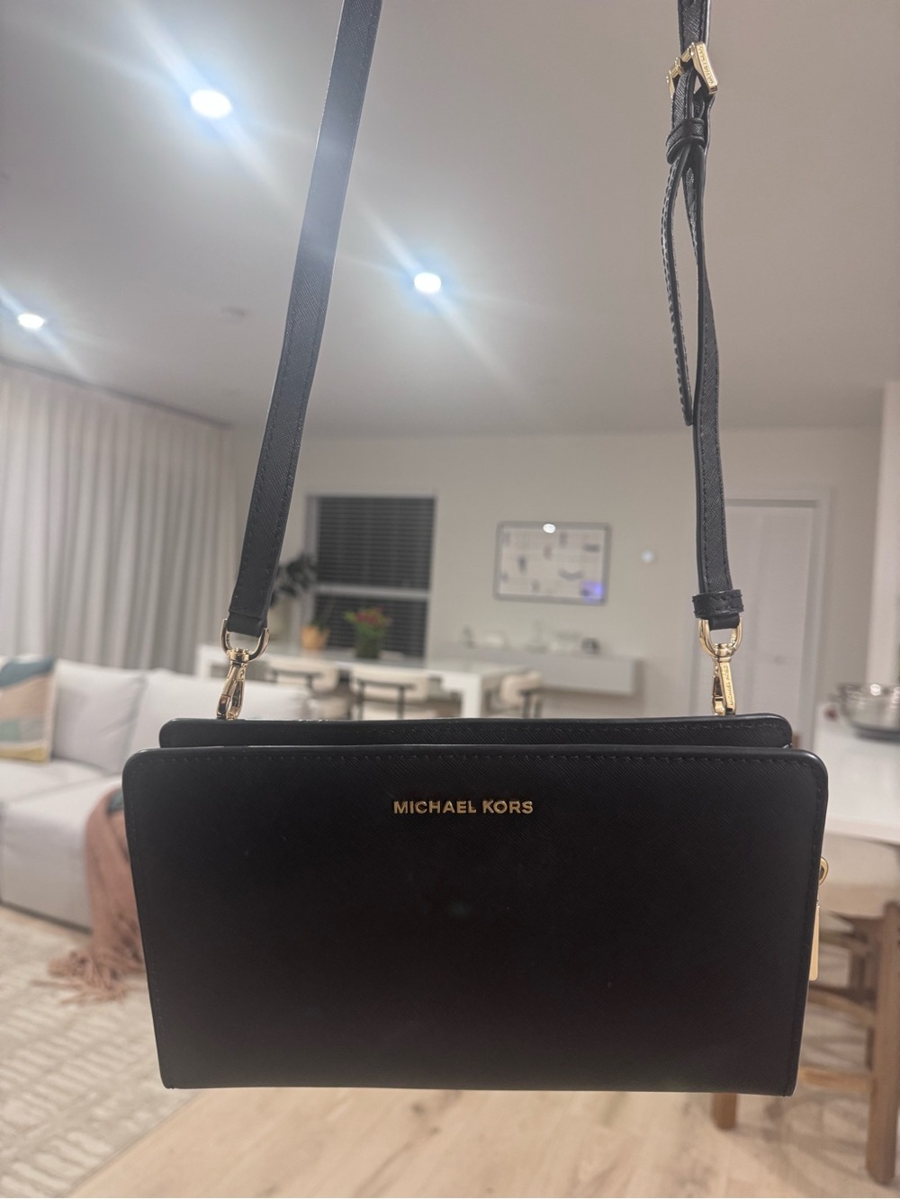 Michael Kors Black Leather Convertible Crossbody with Gold Hardware